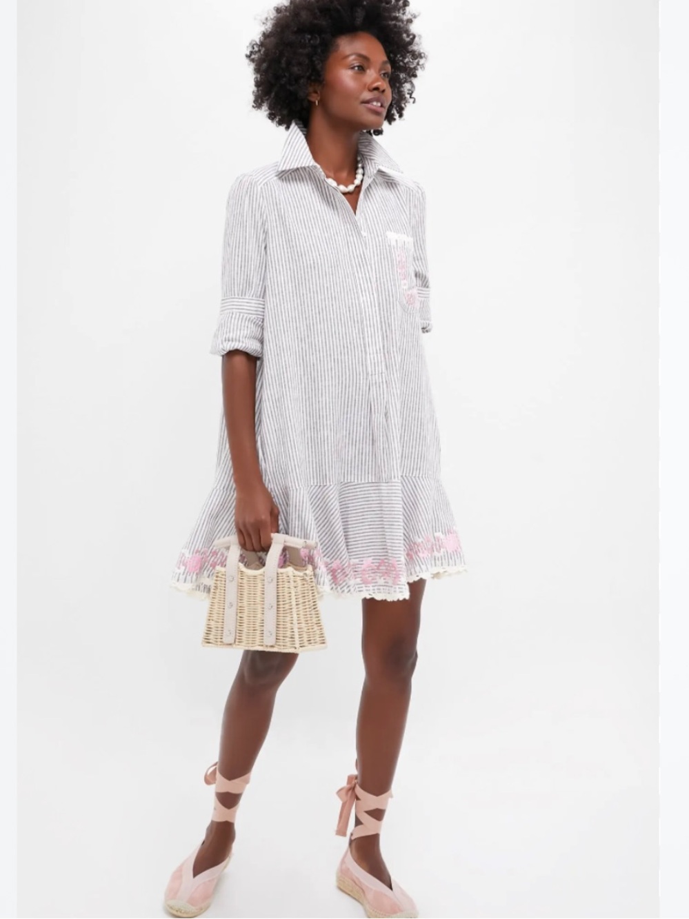 Tuckernuck Callahan Linen Cotton Striped Shirt Dress with Pink Crochet Trim